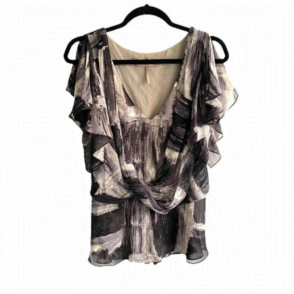 Bcbgmaxazria Silk Sleeveless V-Neck Printed Blouse Top Tank Top Black Comb XXS